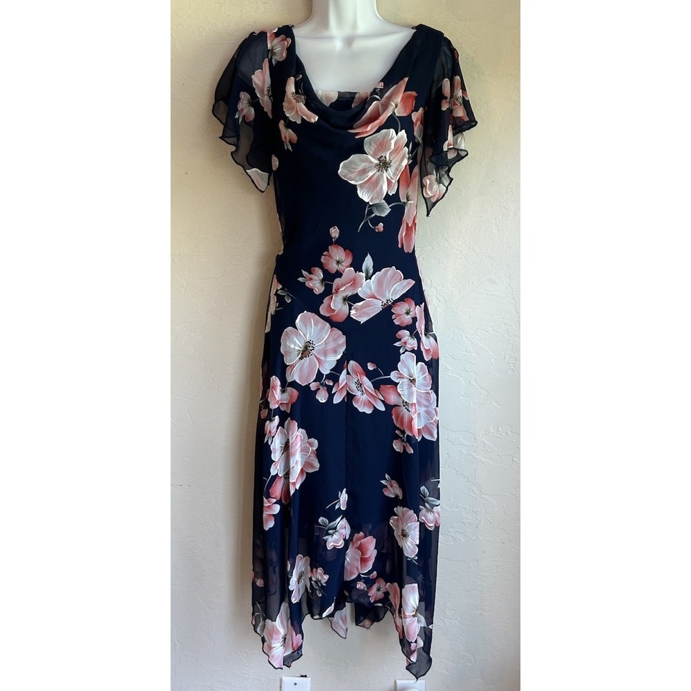 Robbie Bee Y2K Floral Asymmetrical Midi Dress 8 Cowl Flutter Romantic Feminine